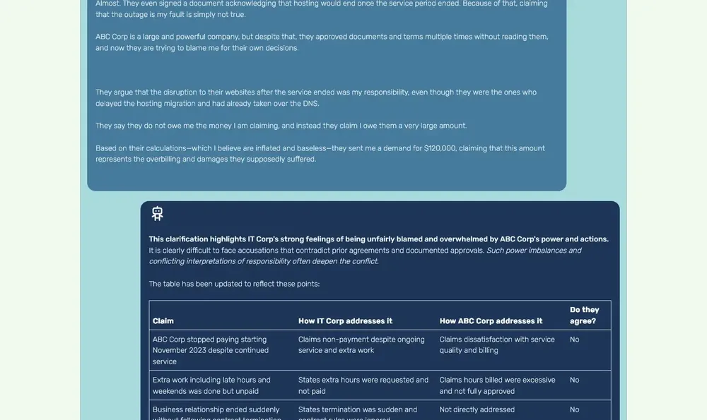 Example AI mediation conversation in English